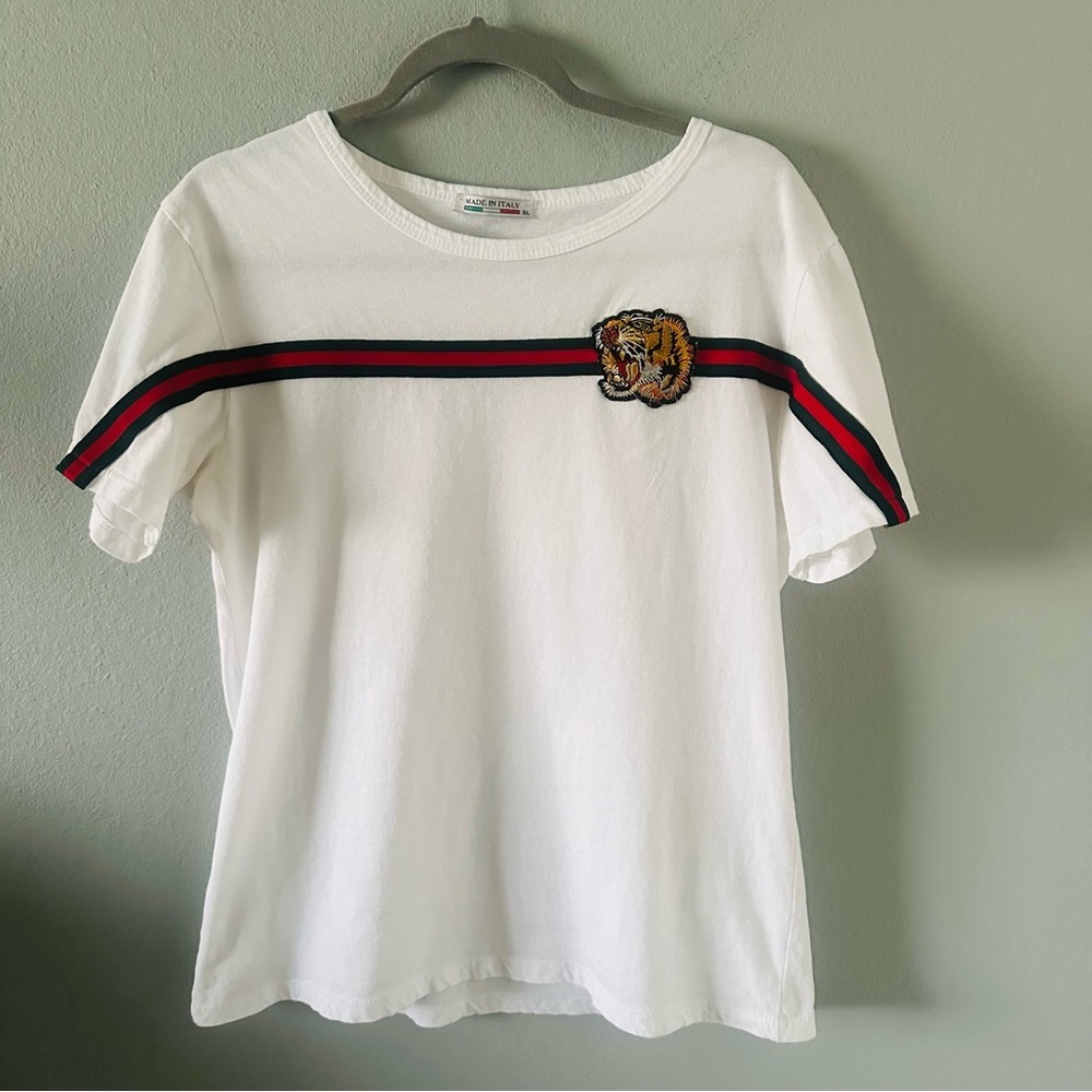 White Short Sleeve Tee with Striped Detail and Tiger Patch